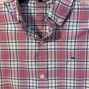 Vineyard Vines Boys Performance Shirt L 16 Pink Blue Plaid Button Down Preppy
